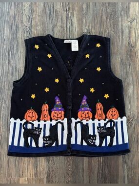 *FLAWS* Bobbie Brooks Halloween Sweater Vest Womens 18W/20W Black Cats Pumpkins